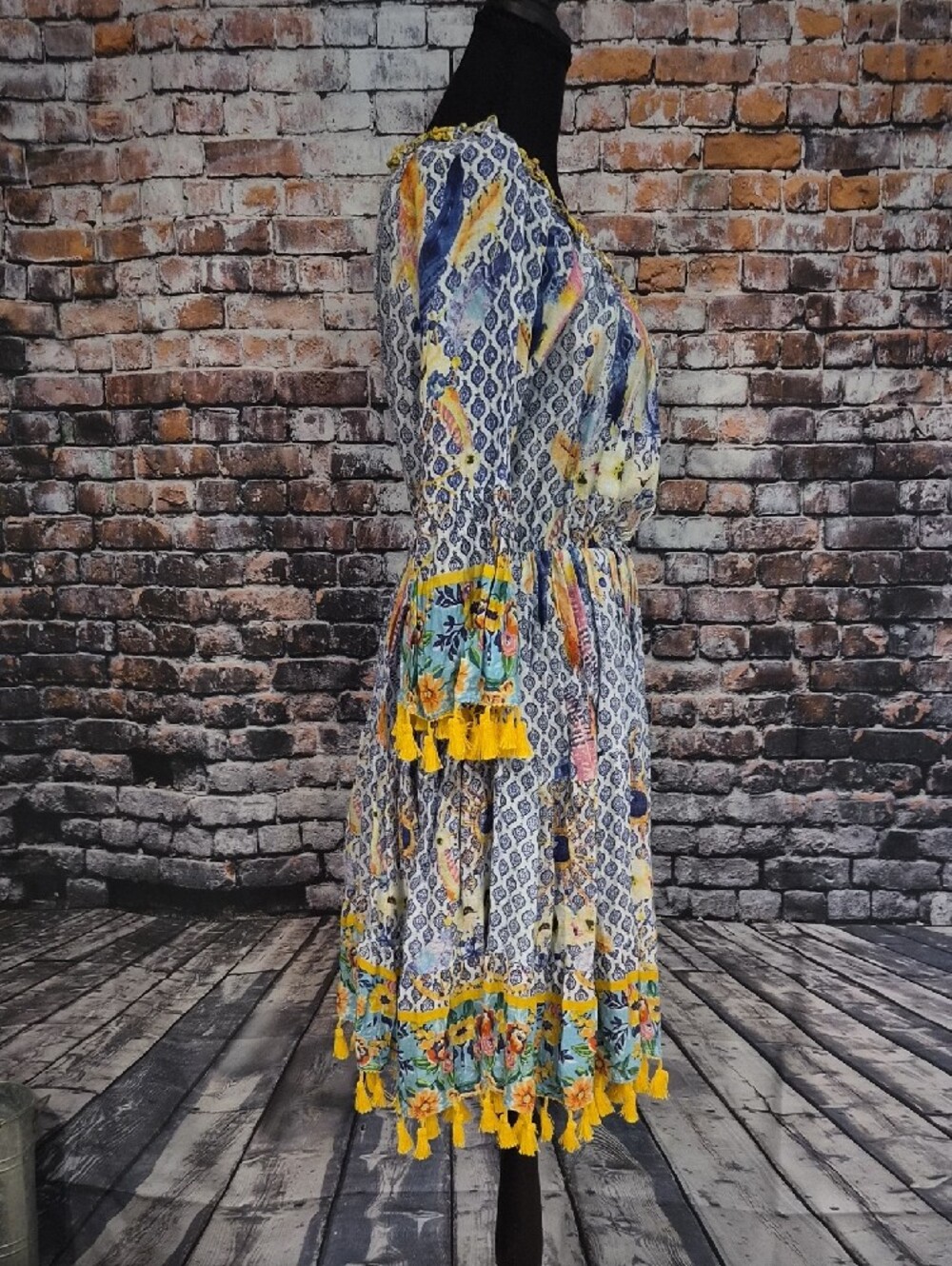 Antica Sortoria Embroidered Floral Long-Sleeve Tassel Dress in Blue and Yellow - Picture 8 of 12